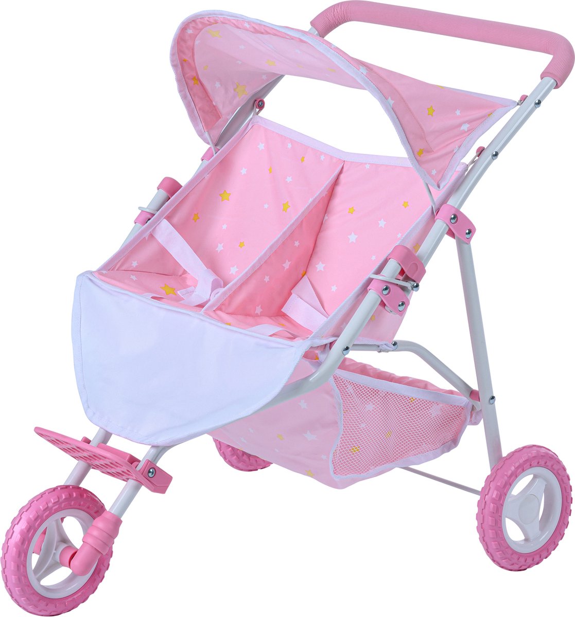 Olivias Little World Double Twin Baby Doll Pram Wandelwagen Kinderwagen Roze Sterren OL-00012